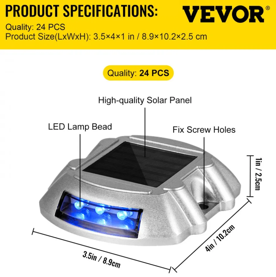 VEVOR Driveway Lights 24-Pack, Solar Driveway Lights with Switch Button, Solar Deck Lights Waterproof, Wireless Dock Lights 6 LEDs for Path Warning Garden Walkway Sidewalk Steps, LED Bright Blue