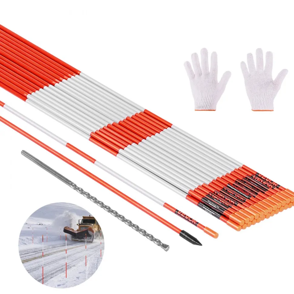 VEVOR Driveway Markers, 200Pcs 48 in Long 1/4 in Dia, Hi-Visibility Driveway Reflectors with 12 in Steel Drill Bits, Reflective Snow Sticks Fiberglass Pole for Parking Lots, Walkways, Snow Plowing