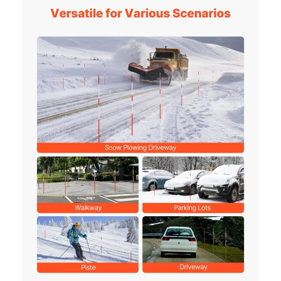 VEVOR Driveway Markers, 200Pcs 48 in Long 1/4 in Dia, Hi-Visibility Driveway Reflectors with 12 in Steel Drill Bits, Reflective Snow Sticks Fiberglass Pole for Parking Lots, Walkways, Snow Plowing