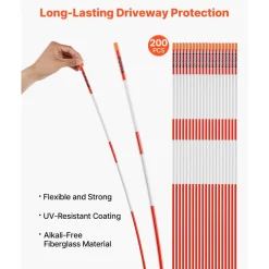 VEVOR Driveway Markers, 200Pcs 48 in Long 1/4 in Dia, Hi-Visibility Driveway Reflectors with 12 in Steel Drill Bits, Reflective Snow Sticks Fiberglass Pole for Parking Lots, Walkways, Snow Plowing