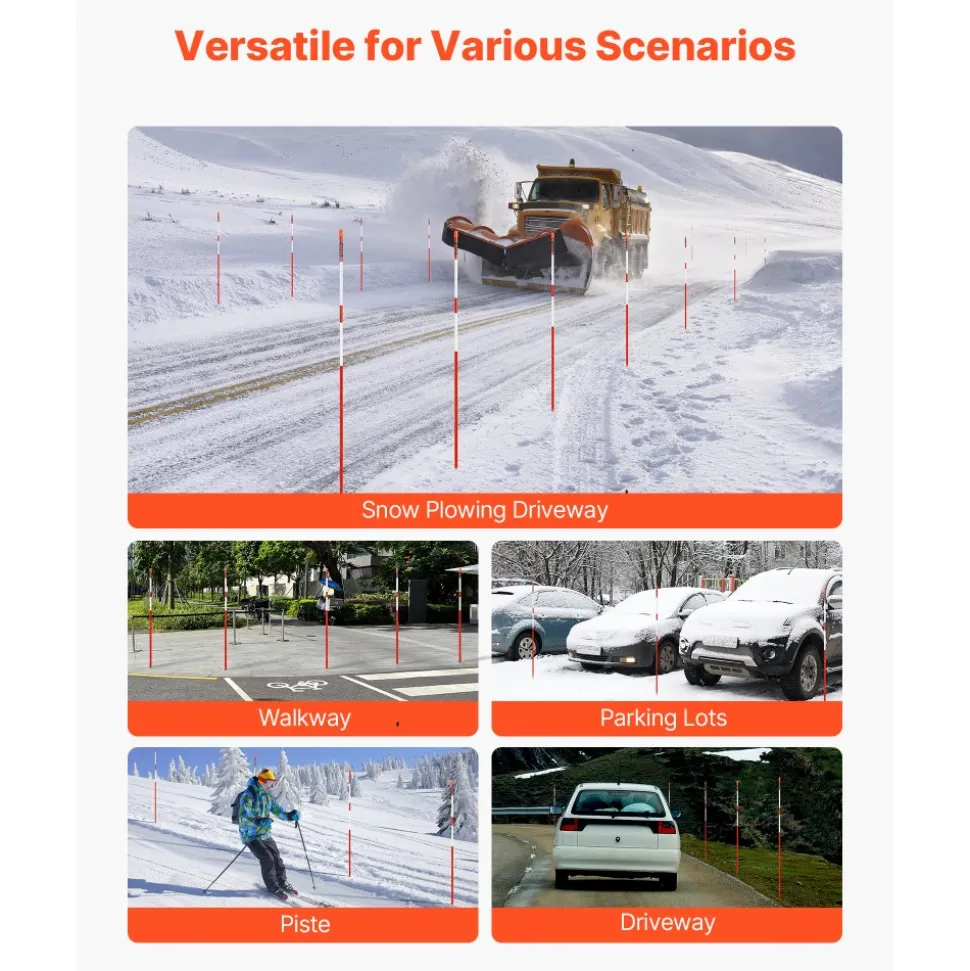 VEVOR Driveway Markers, 100 PCS 48 inch, 0.31 inch Diameter, Orange Fiberglass Poles Snow Stakes with Reflective Tape, 12" Steel Drill Bit & Protection Gloves for Parking Lots, Walkways Easy Visibility
