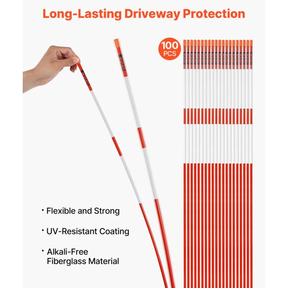 VEVOR Driveway Markers, 100 PCS 48 inch, 0.31 inch Diameter, Orange Fiberglass Poles Snow Stakes with Reflective Tape, 12" Steel Drill Bit & Protection Gloves for Parking Lots, Walkways Easy Visibility