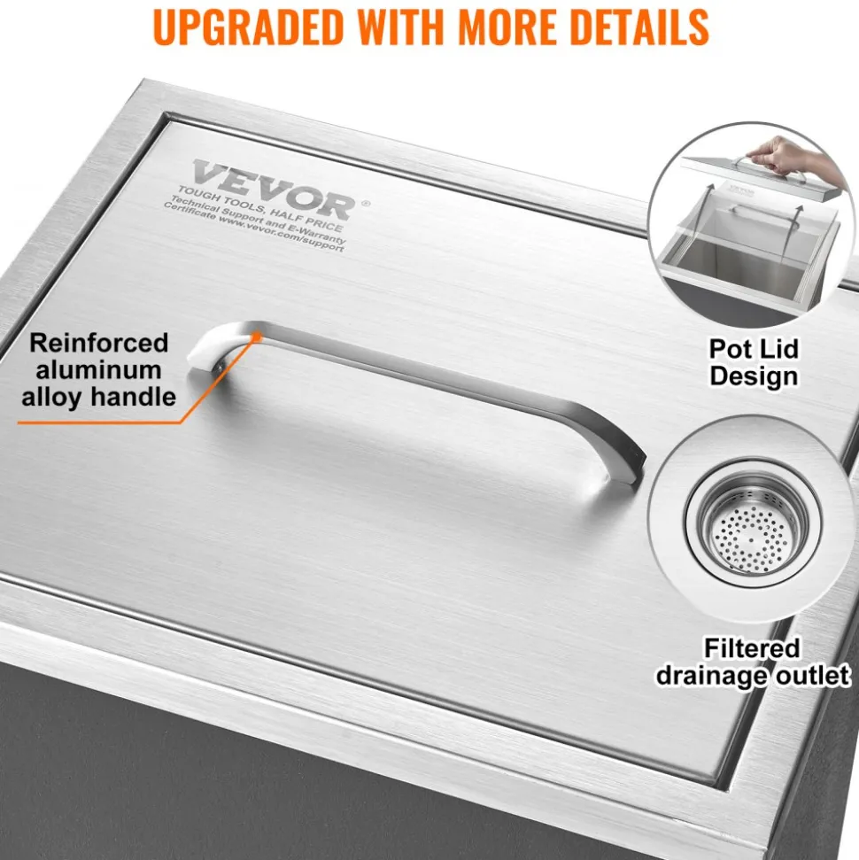 VEVOR Drop in Ice Chest, 14"L x 12"W x 18"H Stainless Steel Ice Cooler, Commercial Ice Bin with Cover, 40 qt Outdoor Kitchen Ice Bar, Drain-pipe and Drain Plug Included, for Cold Wine Beer
