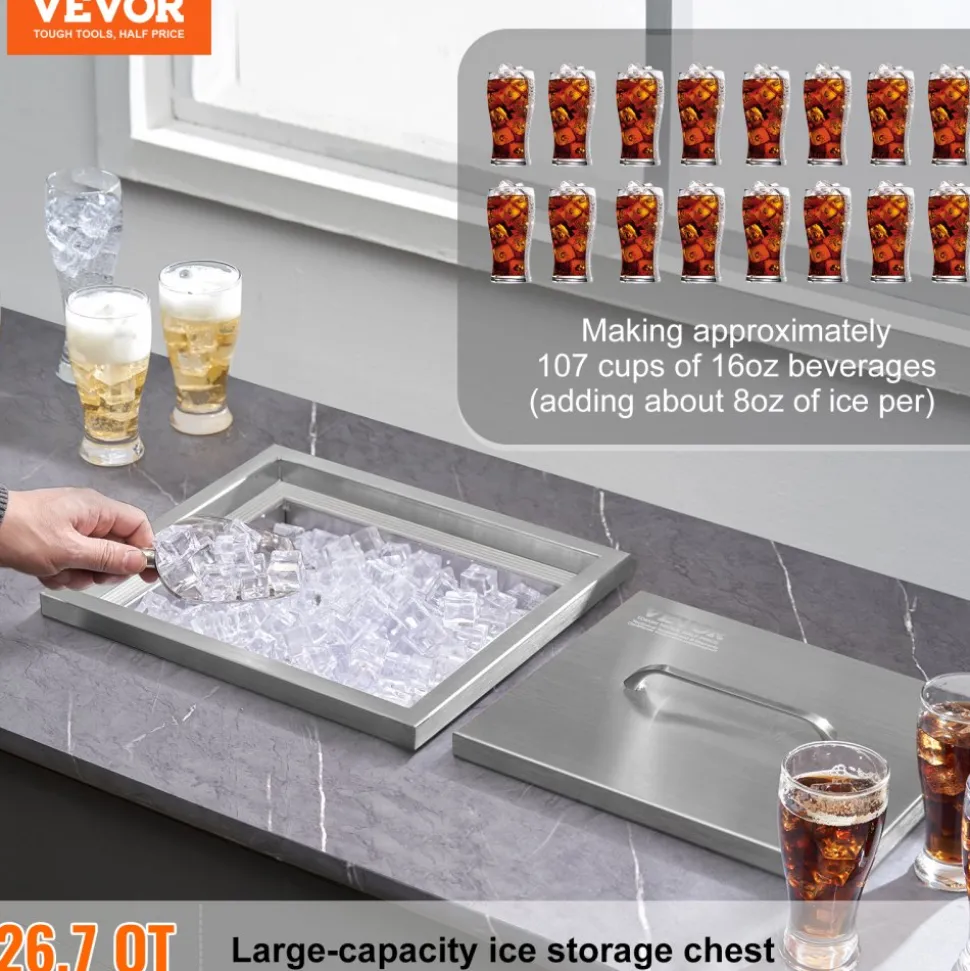 VEVOR Drop in Ice Chest, 14"L x 12"W x 18"H Stainless Steel Ice Cooler, Commercial Ice Bin with Cover, 40 qt Outdoor Kitchen Ice Bar, Drain-pipe and Drain Plug Included, for Cold Wine Beer