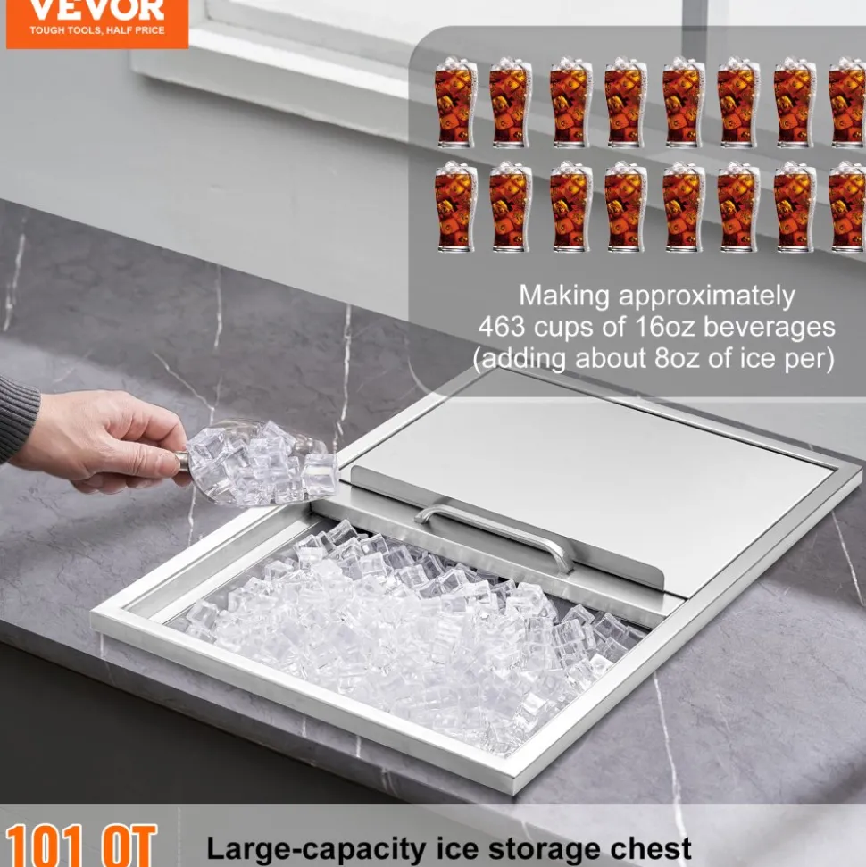 VEVOR Drop in Ice Chest, 27"L x 18"W x 21"H Stainless Steel Ice Cooler, Commercial Ice Bin with Sliding Cover, 40.9 qt Outdoor Kitchen Ice Bar, Drain-pipe and Drain Plug Included, for Cold Wine Beer