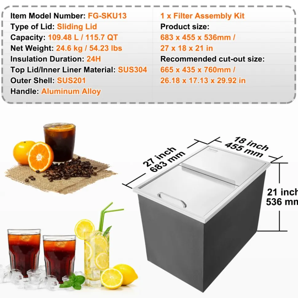 VEVOR Drop in Ice Chest, 27"L x 18"W x 21"H Stainless Steel Ice Cooler, Commercial Ice Bin with Sliding Cover, 40.9 qt Outdoor Kitchen Ice Bar, Drain-pipe and Drain Plug Included, for Cold Wine Beer