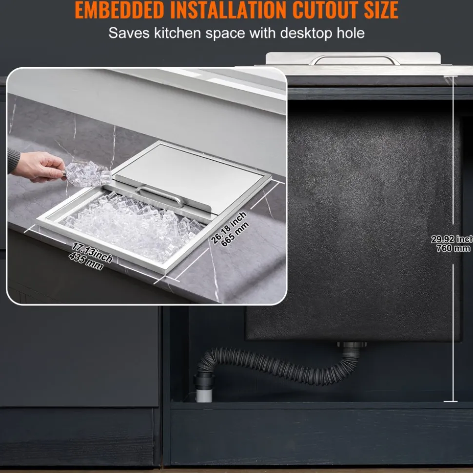 VEVOR Drop in Ice Chest, 27"L x 18"W x 21"H Stainless Steel Ice Cooler, Commercial Ice Bin with Sliding Cover, 40.9 qt Outdoor Kitchen Ice Bar, Drain-pipe and Drain Plug Included, for Cold Wine Beer