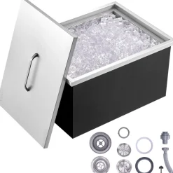 VEVOR Drop in Ice Chest, 20"L x 14"W x 12"H Stainless Steel Ice Cooler, Commercial Ice Bin with Cover, 40 qt Outdoor Kitchen Ice Bar, Drain-pipe and Drain Plug Included, for Cold Wine Beer