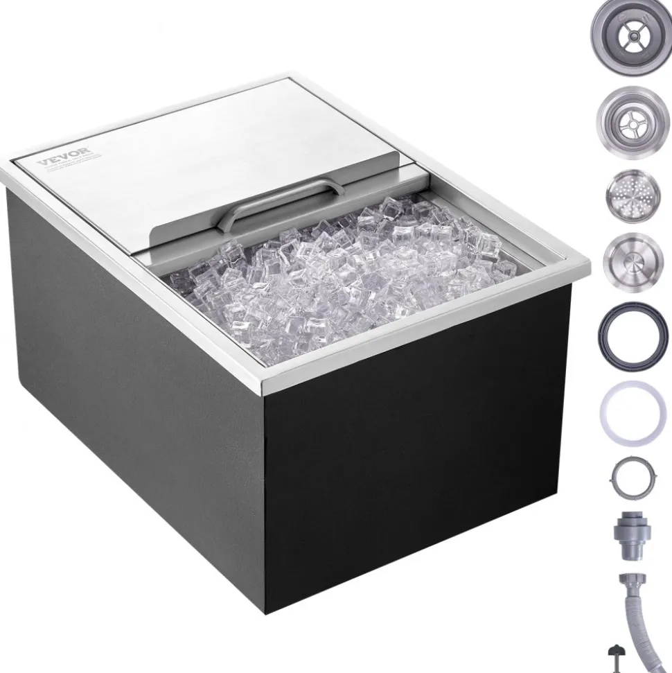 VEVOR Drop in Ice Chest, 24"L x 18"W x 13"H Stainless Steel Ice Cooler, Commercial Ice Bin with Sliding Cover, 40.9 qt Outdoor Kitchen Ice Bar, Drain-pipe and Drain Plug Included, for Cold Wine Beer
