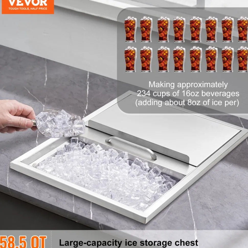 VEVOR Drop in Ice Chest, 24"L x 18"W x 13"H Stainless Steel Ice Cooler, Commercial Ice Bin with Sliding Cover, 40.9 qt Outdoor Kitchen Ice Bar, Drain-pipe and Drain Plug Included, for Cold Wine Beer