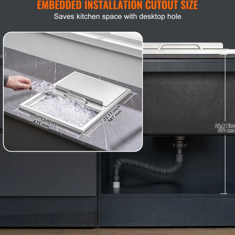 VEVOR Drop in Ice Chest, 24"L x 18"W x 13"H Stainless Steel Ice Cooler, Commercial Ice Bin with Sliding Cover, 40.9 qt Outdoor Kitchen Ice Bar, Drain-pipe and Drain Plug Included, for Cold Wine Beer
