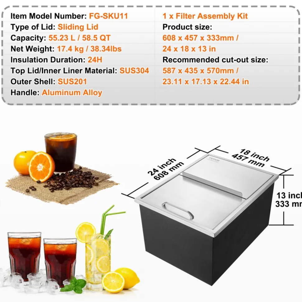 VEVOR Drop in Ice Chest, 24"L x 18"W x 13"H Stainless Steel Ice Cooler, Commercial Ice Bin with Sliding Cover, 40.9 qt Outdoor Kitchen Ice Bar, Drain-pipe and Drain Plug Included, for Cold Wine Beer