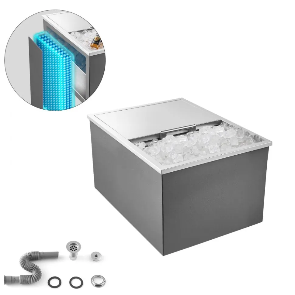 VEVOR Drop in Ice Chest, 24"L x 18"W x 13"H Stainless Steel Drop in Cooler, 57.8 Quart Commercial Ice Bin with Sliding Lid for Outdoor Kitchen Patio Bar, Drain-pipe Set Included, for Cold Wine Beer
