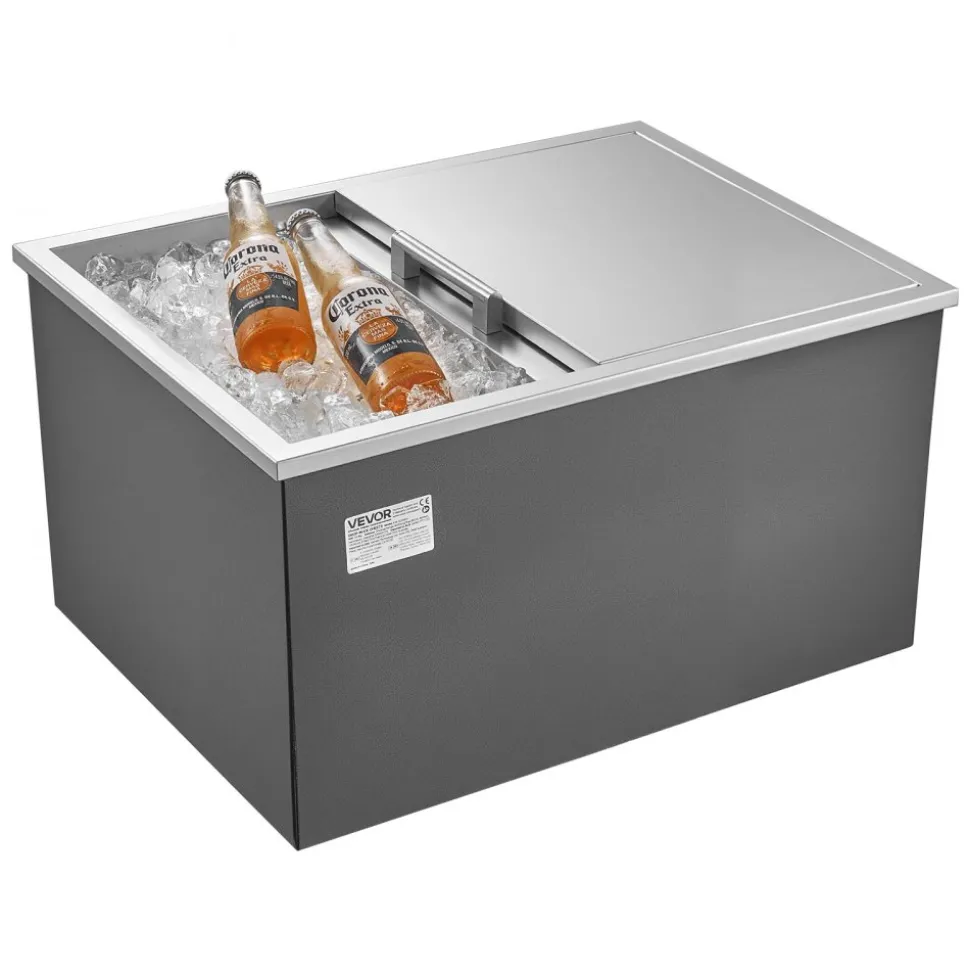 VEVOR Drop in Ice Chest, 24"L x 18"W x 13"H Stainless Steel Drop in Cooler, 57.8 Quart Commercial Ice Bin with Sliding Lid for Outdoor Kitchen Patio Bar, Drain-pipe Set Included, for Cold Wine Beer