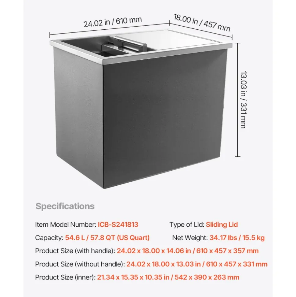 VEVOR Drop in Ice Chest, 24"L x 18"W x 13"H Stainless Steel Drop in Cooler, 57.8 Quart Commercial Ice Bin with Sliding Lid for Outdoor Kitchen Patio Bar, Drain-pipe Set Included, for Cold Wine Beer