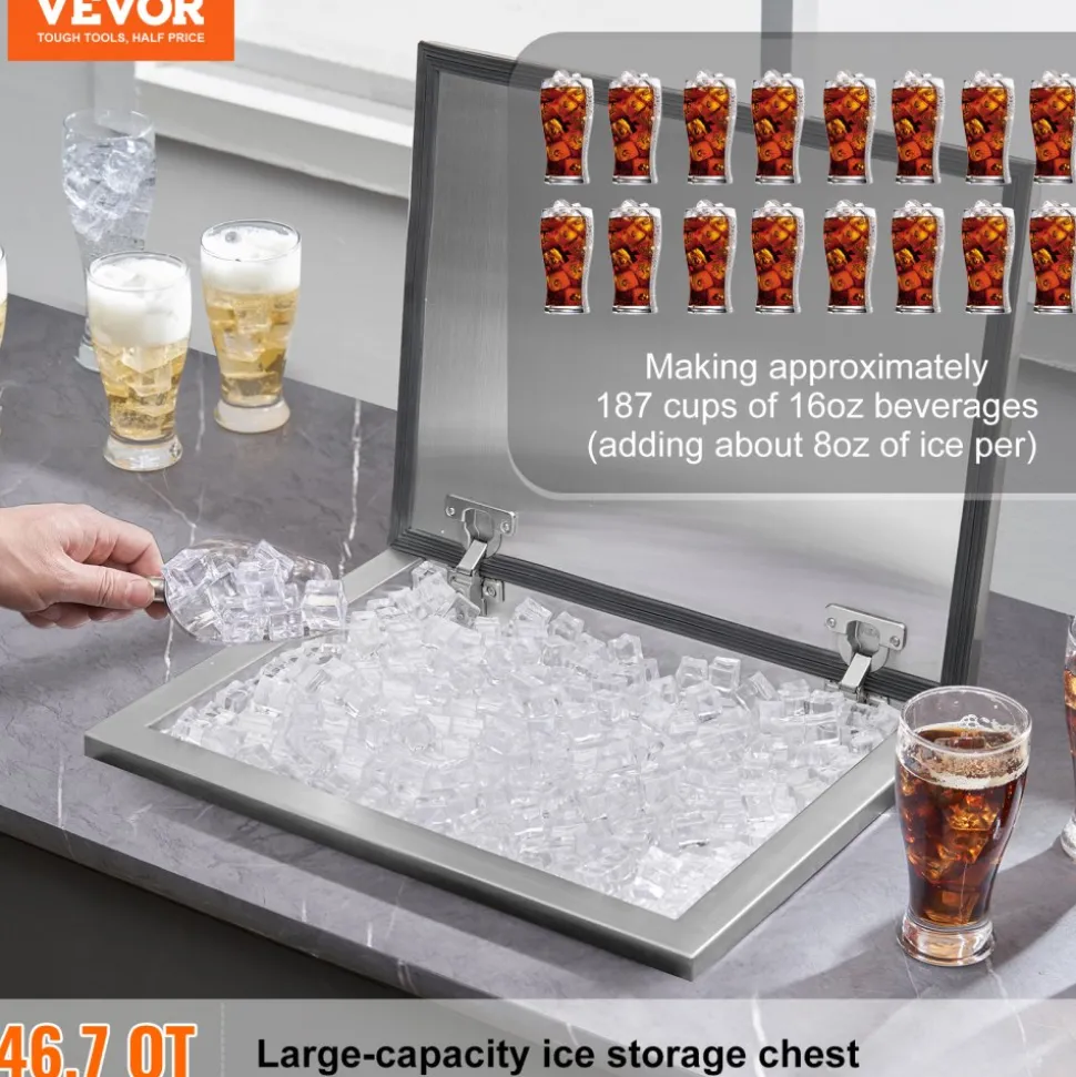 VEVOR Drop in Ice Chest, 20"L x 16"W x 13"H Stainless Steel Ice Cooler, Commercial Ice Bin with Hinged Cover, 40 qt Outdoor Kitchen Ice Bar, Drain-pipe and Drain Plug Included, for Cold Wine Beer