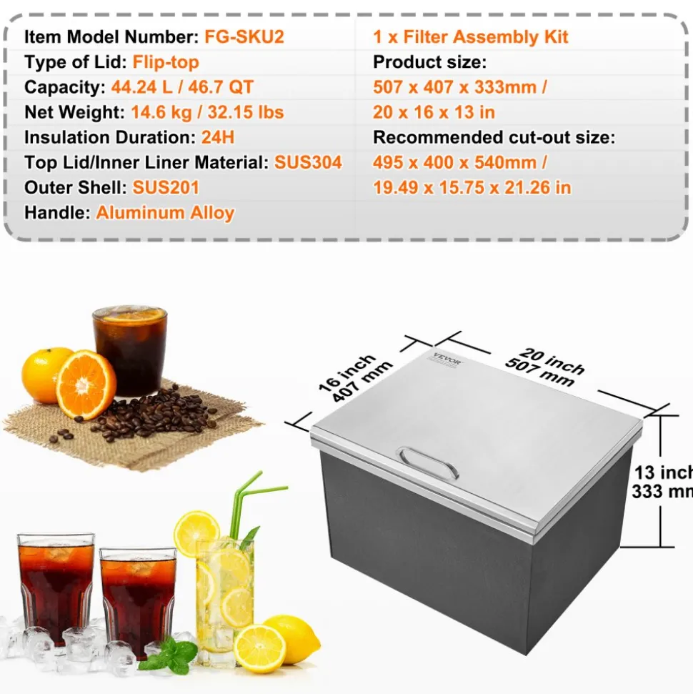 VEVOR Drop in Ice Chest, 20"L x 16"W x 13"H Stainless Steel Ice Cooler, Commercial Ice Bin with Hinged Cover, 40 qt Outdoor Kitchen Ice Bar, Drain-pipe and Drain Plug Included, for Cold Wine Beer