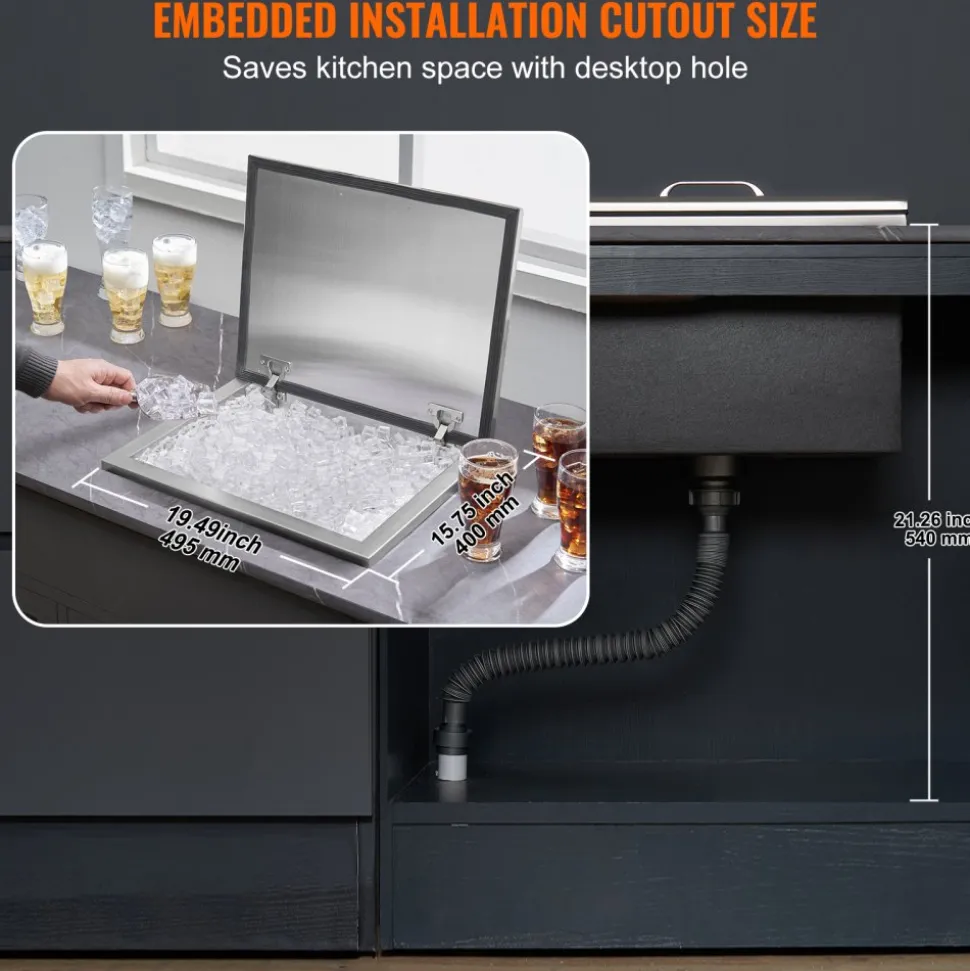 VEVOR Drop in Ice Chest, 20"L x 16"W x 13"H Stainless Steel Ice Cooler, Commercial Ice Bin with Hinged Cover, 40 qt Outdoor Kitchen Ice Bar, Drain-pipe and Drain Plug Included, for Cold Wine Beer