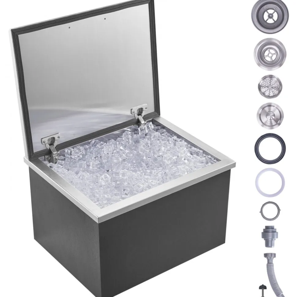 VEVOR Drop in Ice Chest, 20"L x 16"W x 13"H Stainless Steel Ice Cooler, Commercial Ice Bin with Hinged Cover, 40 qt Outdoor Kitchen Ice Bar, Drain-pipe and Drain Plug Included, for Cold Wine Beer
