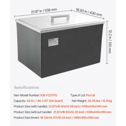 VEVOR Drop in Ice Chest, 22"L x 17"W x 12"H Stainless Steel Drop in Cooler, 45.3 Quart Commercial Ice Bin with Pot Lid for Outdoor Kitchen Patio Bar, Drain-pipe Set Included, for Cold Wine Beer