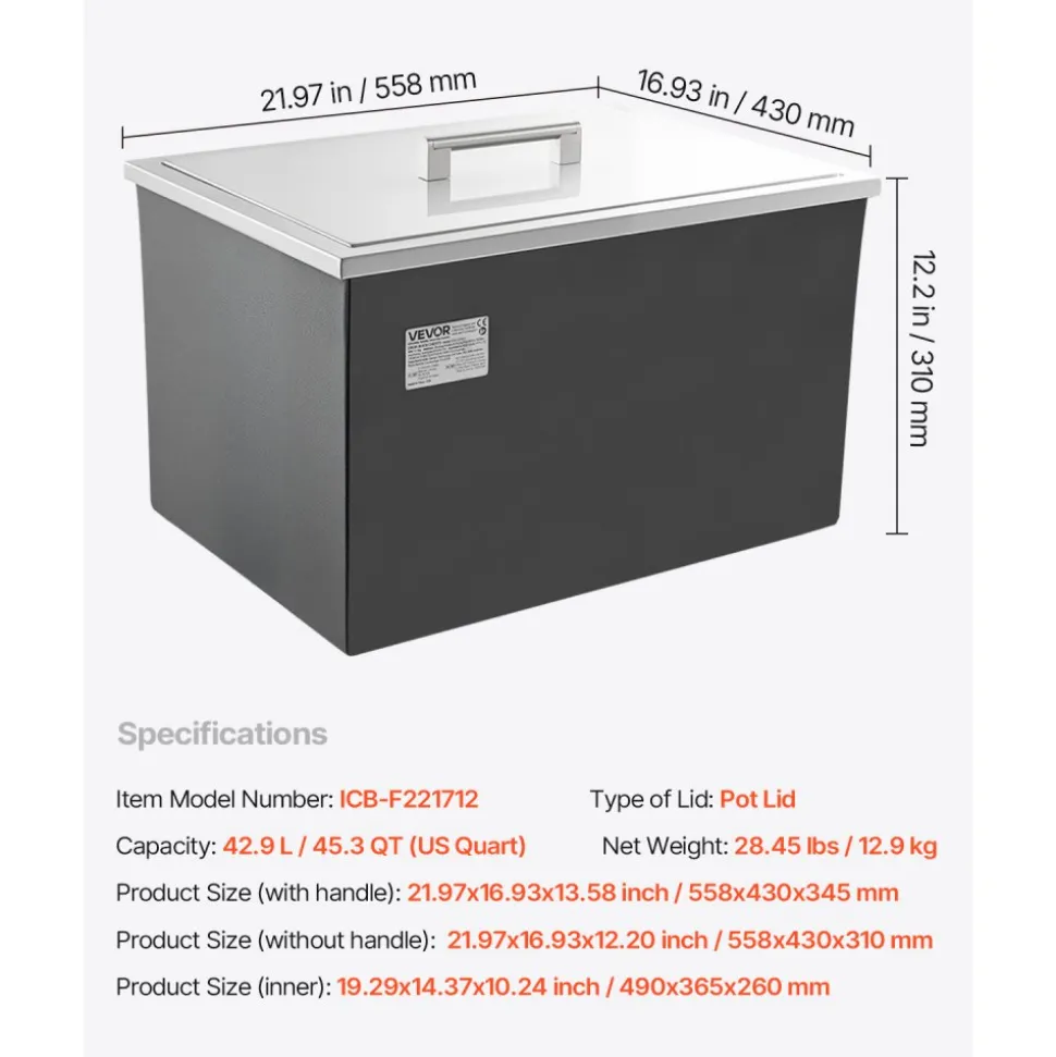 VEVOR Drop in Ice Chest, 22"L x 17"W x 12"H Stainless Steel Drop in Cooler, 45.3 Quart Commercial Ice Bin with Pot Lid for Outdoor Kitchen Patio Bar, Drain-pipe Set Included, for Cold Wine Beer