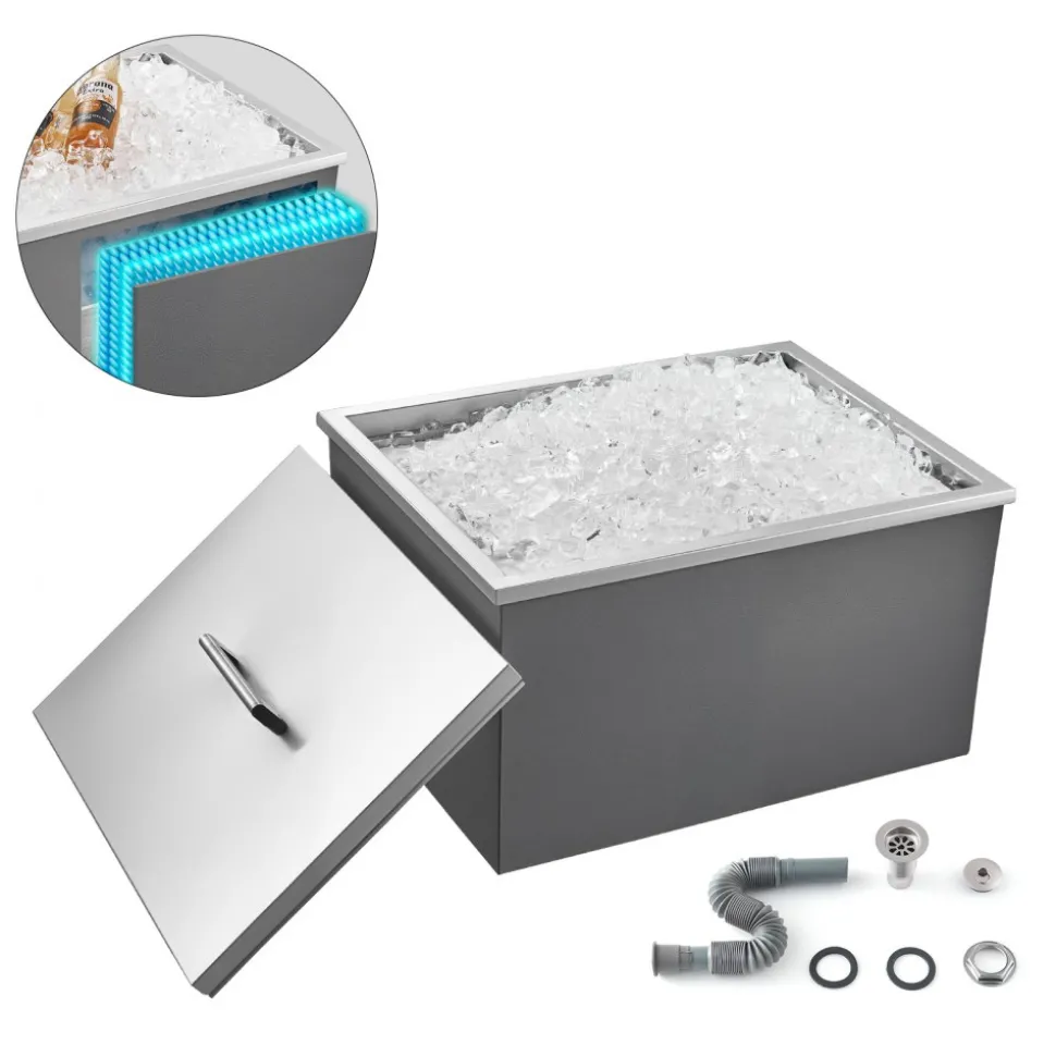 VEVOR Drop in Ice Chest, 22"L x 17"W x 12"H Stainless Steel Drop in Cooler, 45.3 Quart Commercial Ice Bin with Pot Lid for Outdoor Kitchen Patio Bar, Drain-pipe Set Included, for Cold Wine Beer