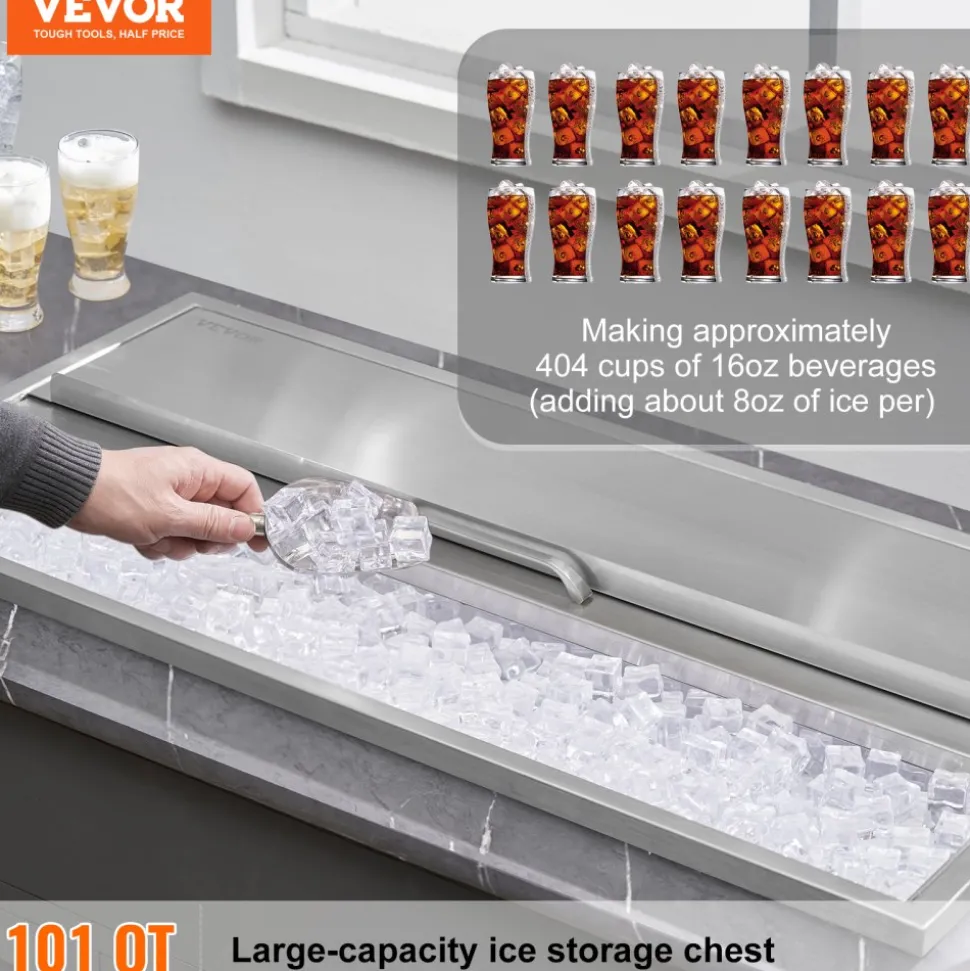 VEVOR Drop in Ice Chest, 36"L x 18"W x 14"H Stainless Steel Ice Cooler, Commercial Ice Bin with Sliding Cover, 40.9 qt Outdoor Kitchen Ice Bar, Drain-pipe and Drain Plug Included, for Cold Wine Beer