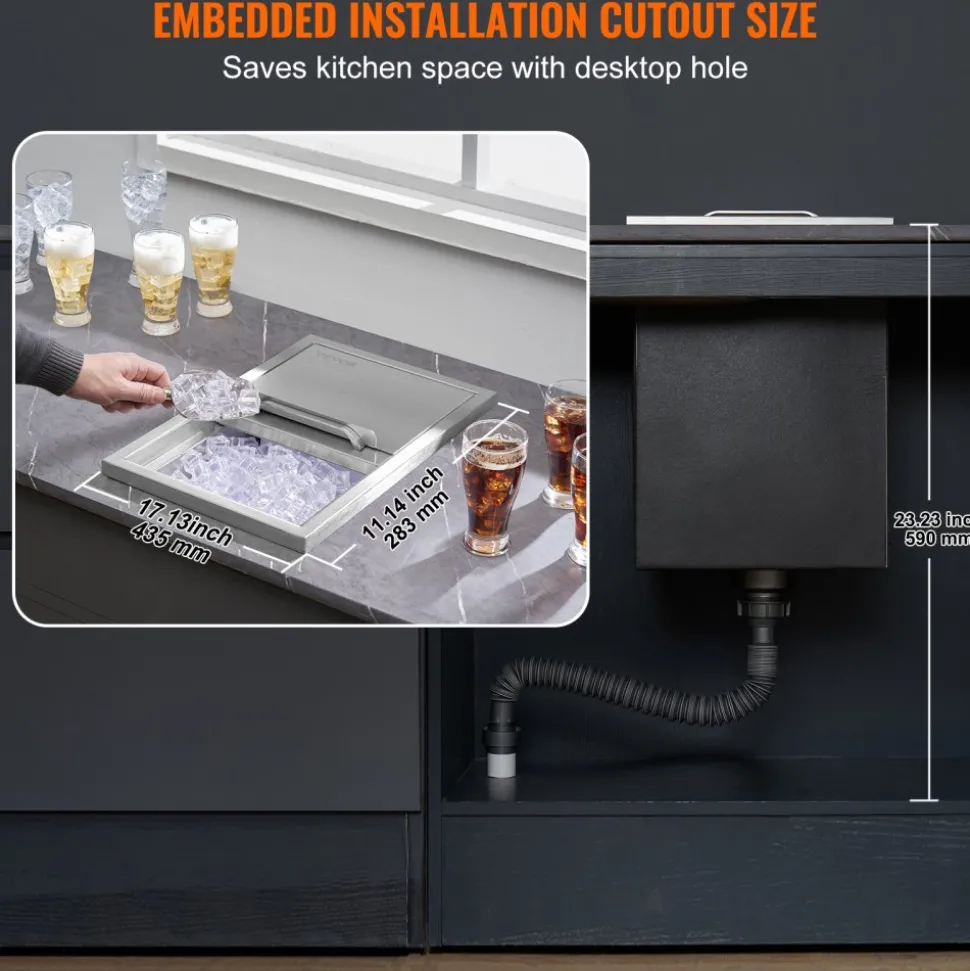 VEVOR Drop in Ice Chest, 18"L x 12"W x 14.5"H Stainless Steel Ice Cooler, Commercial Ice Bin with Sliding Cover, 40.9 qt Outdoor Kitchen Ice Bar, Drain-pipe and Drain Plug Included, for Cold Wine Beer