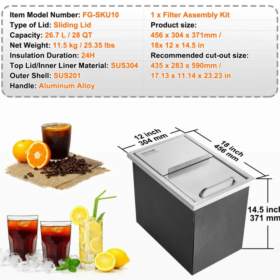 VEVOR Drop in Ice Chest, 18"L x 12"W x 14.5"H Stainless Steel Ice Cooler, Commercial Ice Bin with Sliding Cover, 40.9 qt Outdoor Kitchen Ice Bar, Drain-pipe and Drain Plug Included, for Cold Wine Beer