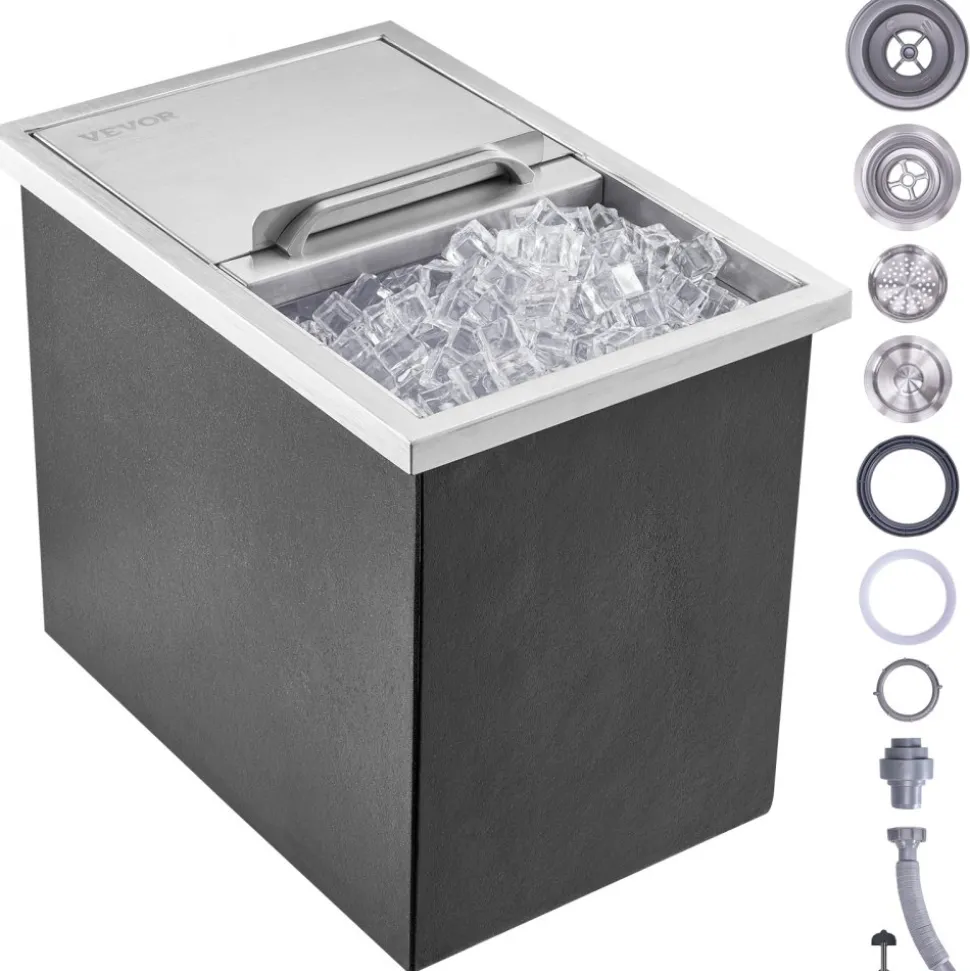 VEVOR Drop in Ice Chest, 18"L x 12"W x 14.5"H Stainless Steel Ice Cooler, Commercial Ice Bin with Sliding Cover, 40.9 qt Outdoor Kitchen Ice Bar, Drain-pipe and Drain Plug Included, for Cold Wine Beer