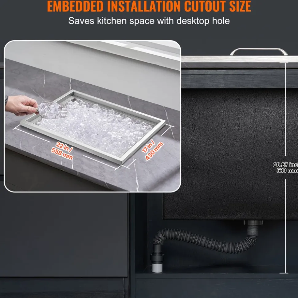 VEVOR Drop in Ice Chest, 22"L x 17"W x 12"H Stainless Steel Ice Cooler, Commercial Ice Bin with Cover, 40 qt Outdoor Kitchen Ice Bar, Drain-pipe and Drain Plug Included, for Cold Wine Beer