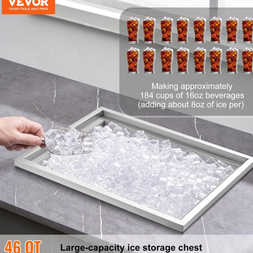 VEVOR Drop in Ice Chest, 22"L x 17"W x 12"H Stainless Steel Ice Cooler, Commercial Ice Bin with Cover, 40 qt Outdoor Kitchen Ice Bar, Drain-pipe and Drain Plug Included, for Cold Wine Beer