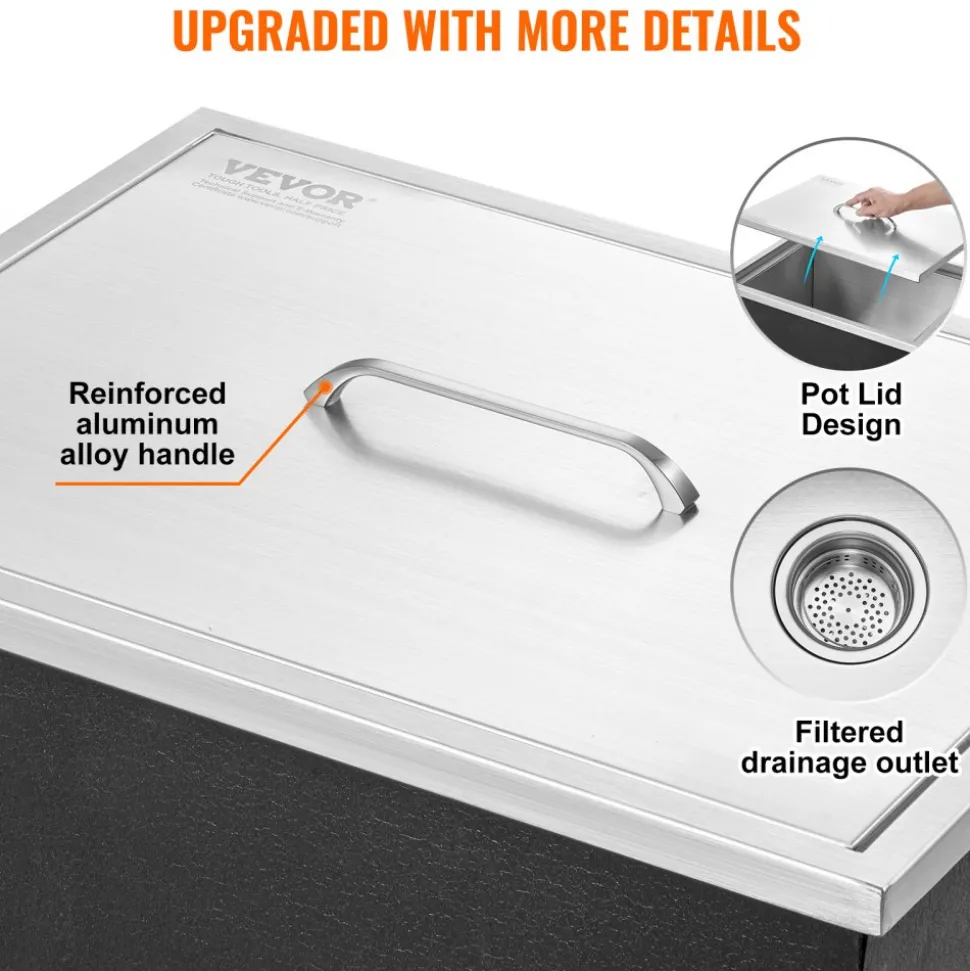 VEVOR Drop in Ice Chest, 22"L x 17"W x 12"H Stainless Steel Ice Cooler, Commercial Ice Bin with Cover, 40 qt Outdoor Kitchen Ice Bar, Drain-pipe and Drain Plug Included, for Cold Wine Beer