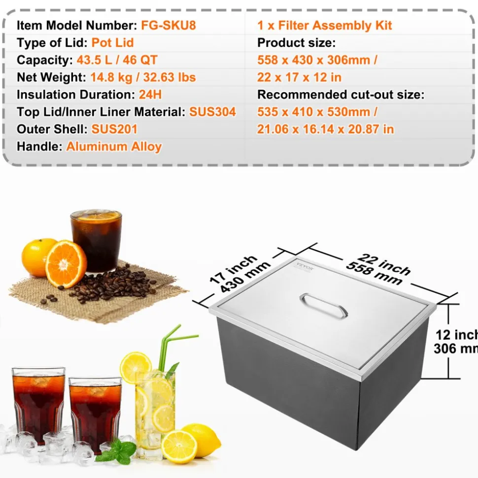 VEVOR Drop in Ice Chest, 22"L x 17"W x 12"H Stainless Steel Ice Cooler, Commercial Ice Bin with Cover, 40 qt Outdoor Kitchen Ice Bar, Drain-pipe and Drain Plug Included, for Cold Wine Beer