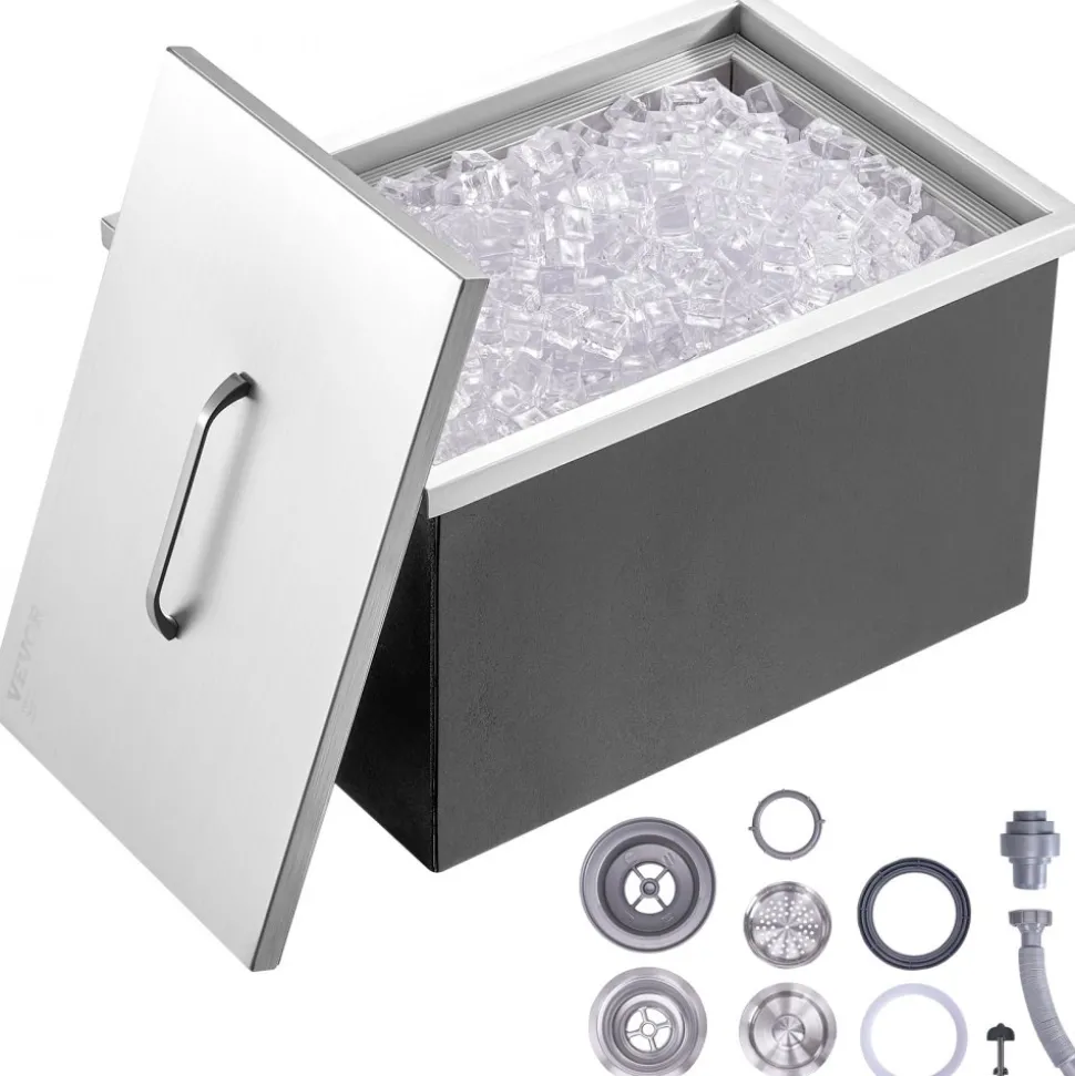 VEVOR Drop in Ice Chest, 22"L x 17"W x 12"H Stainless Steel Ice Cooler, Commercial Ice Bin with Cover, 40 qt Outdoor Kitchen Ice Bar, Drain-pipe and Drain Plug Included, for Cold Wine Beer