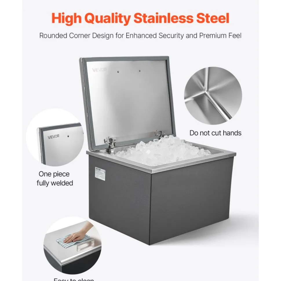 VEVOR Drop in Ice Chest, 28"L x 20"W x 17"H Stainless Steel Drop in Cooler, 113.7 Quart Commercial Ice Bin with Flip Lid for Outdoor Kitchen Patio Bar, Drain-pipe Set Included, for Cold Wine Beer