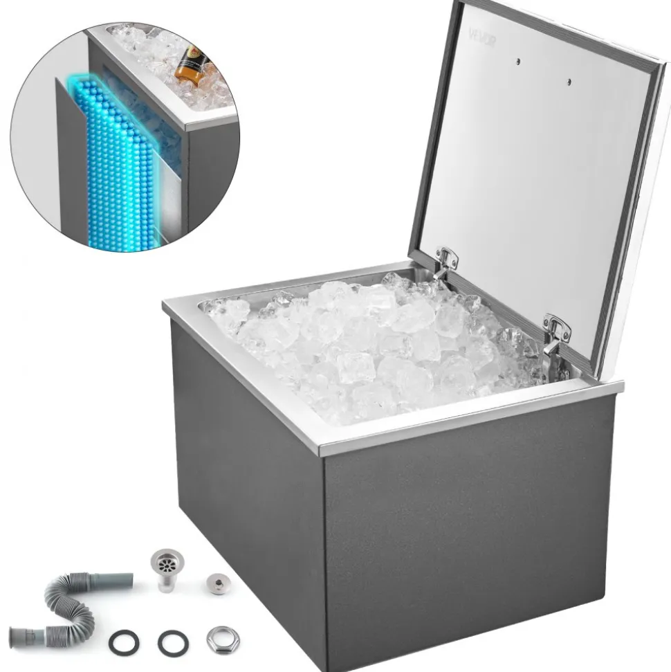VEVOR Drop in Ice Chest, 28"L x 20"W x 17"H Stainless Steel Drop in Cooler, 113.7 Quart Commercial Ice Bin with Flip Lid for Outdoor Kitchen Patio Bar, Drain-pipe Set Included, for Cold Wine Beer