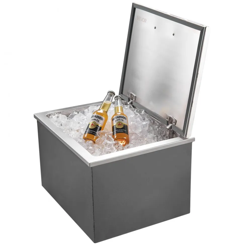 VEVOR Drop in Ice Chest, 28"L x 20"W x 17"H Stainless Steel Drop in Cooler, 113.7 Quart Commercial Ice Bin with Flip Lid for Outdoor Kitchen Patio Bar, Drain-pipe Set Included, for Cold Wine Beer