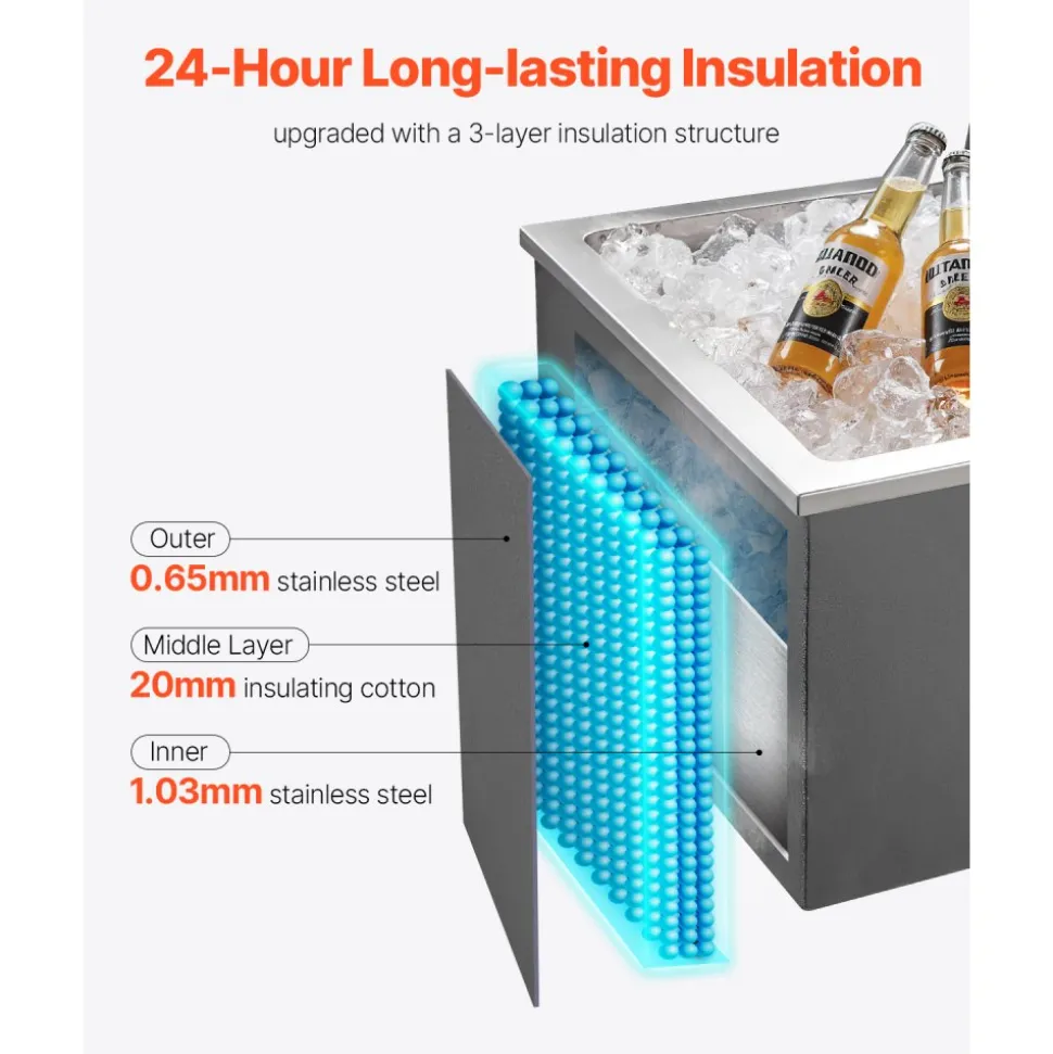 VEVOR Drop in Ice Chest, 28"L x 20"W x 17"H Stainless Steel Drop in Cooler, 113.7 Quart Commercial Ice Bin with Flip Lid for Outdoor Kitchen Patio Bar, Drain-pipe Set Included, for Cold Wine Beer