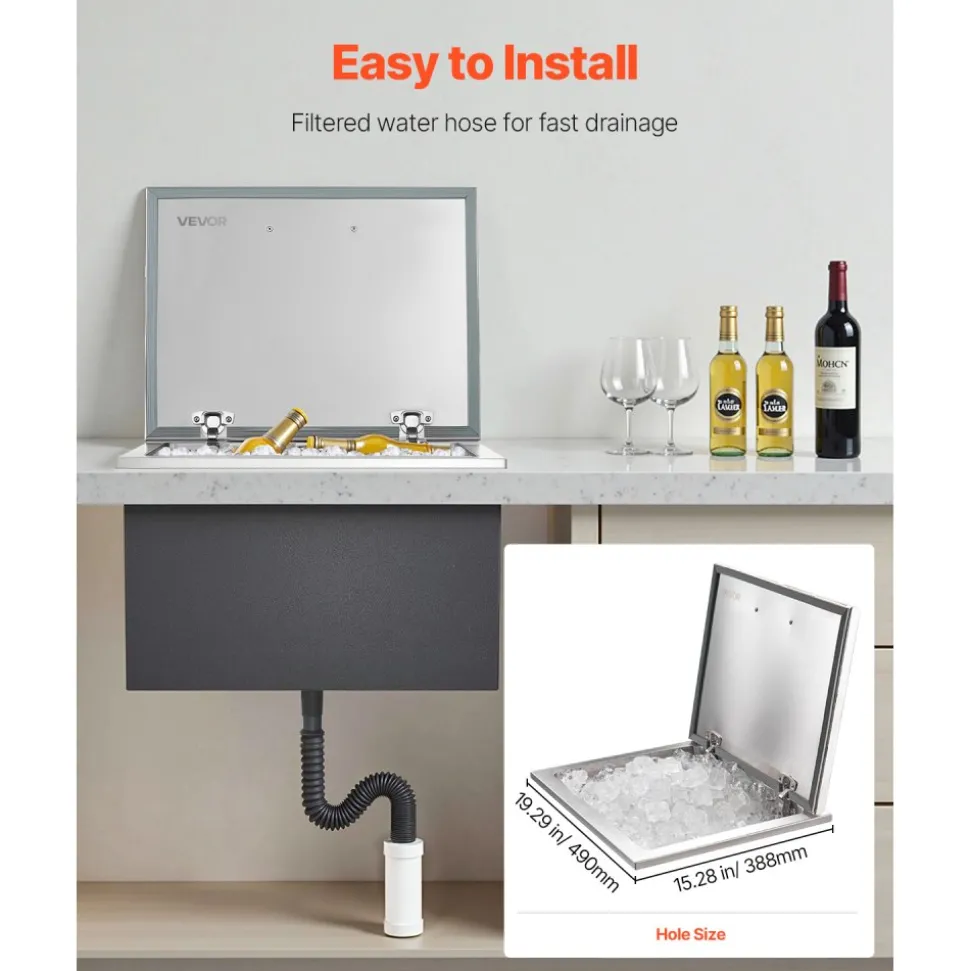 VEVOR Drop in Ice Chest, 28"L x 20"W x 17"H Stainless Steel Drop in Cooler, 113.7 Quart Commercial Ice Bin with Flip Lid for Outdoor Kitchen Patio Bar, Drain-pipe Set Included, for Cold Wine Beer