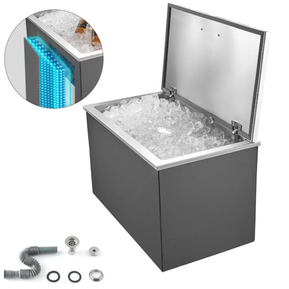 VEVOR Drop in Ice Chest, 28"L x 16"W x 17"H Stainless Steel Drop in Cooler, 87.6 Quart Commercial Ice Bin with Flip Lid for Outdoor Kitchen Patio Bar, Drain-pipe Set Included, for Cold Wine Beer