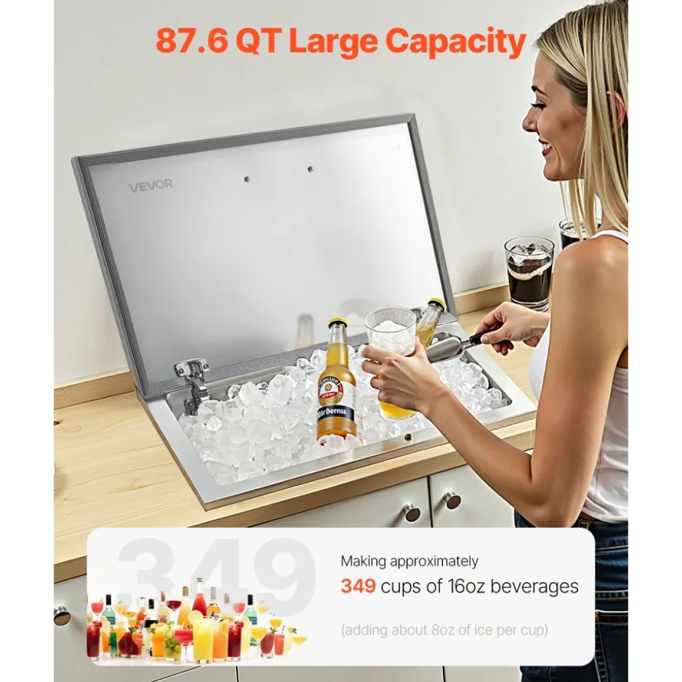 VEVOR Drop in Ice Chest, 28"L x 16"W x 17"H Stainless Steel Drop in Cooler, 87.6 Quart Commercial Ice Bin with Flip Lid for Outdoor Kitchen Patio Bar, Drain-pipe Set Included, for Cold Wine Beer