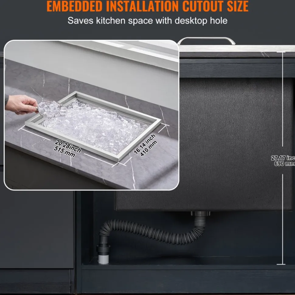 VEVOR Drop in Ice Chest, 21"L x 17"W x 18"H Stainless Steel Ice Cooler, Commercial Ice Bin with Cover, 40 qt Outdoor Kitchen Ice Bar, Drain-pipe and Drain Plug Included, for Cold Wine Beer