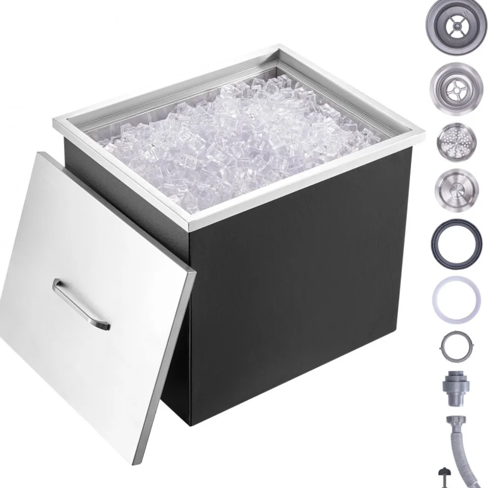 VEVOR Drop in Ice Chest, 21"L x 17"W x 18"H Stainless Steel Ice Cooler, Commercial Ice Bin with Cover, 40 qt Outdoor Kitchen Ice Bar, Drain-pipe and Drain Plug Included, for Cold Wine Beer