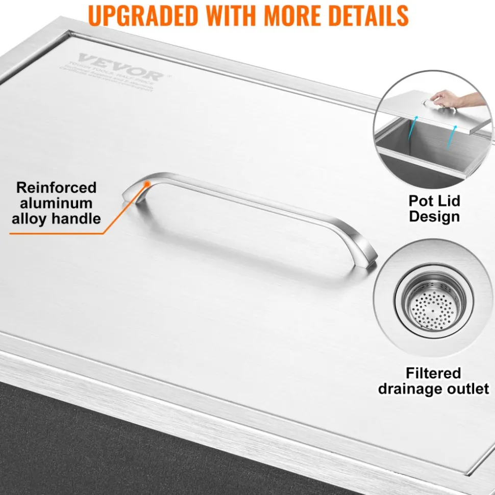 VEVOR Drop in Ice Chest, 21"L x 17"W x 18"H Stainless Steel Ice Cooler, Commercial Ice Bin with Cover, 40 qt Outdoor Kitchen Ice Bar, Drain-pipe and Drain Plug Included, for Cold Wine Beer
