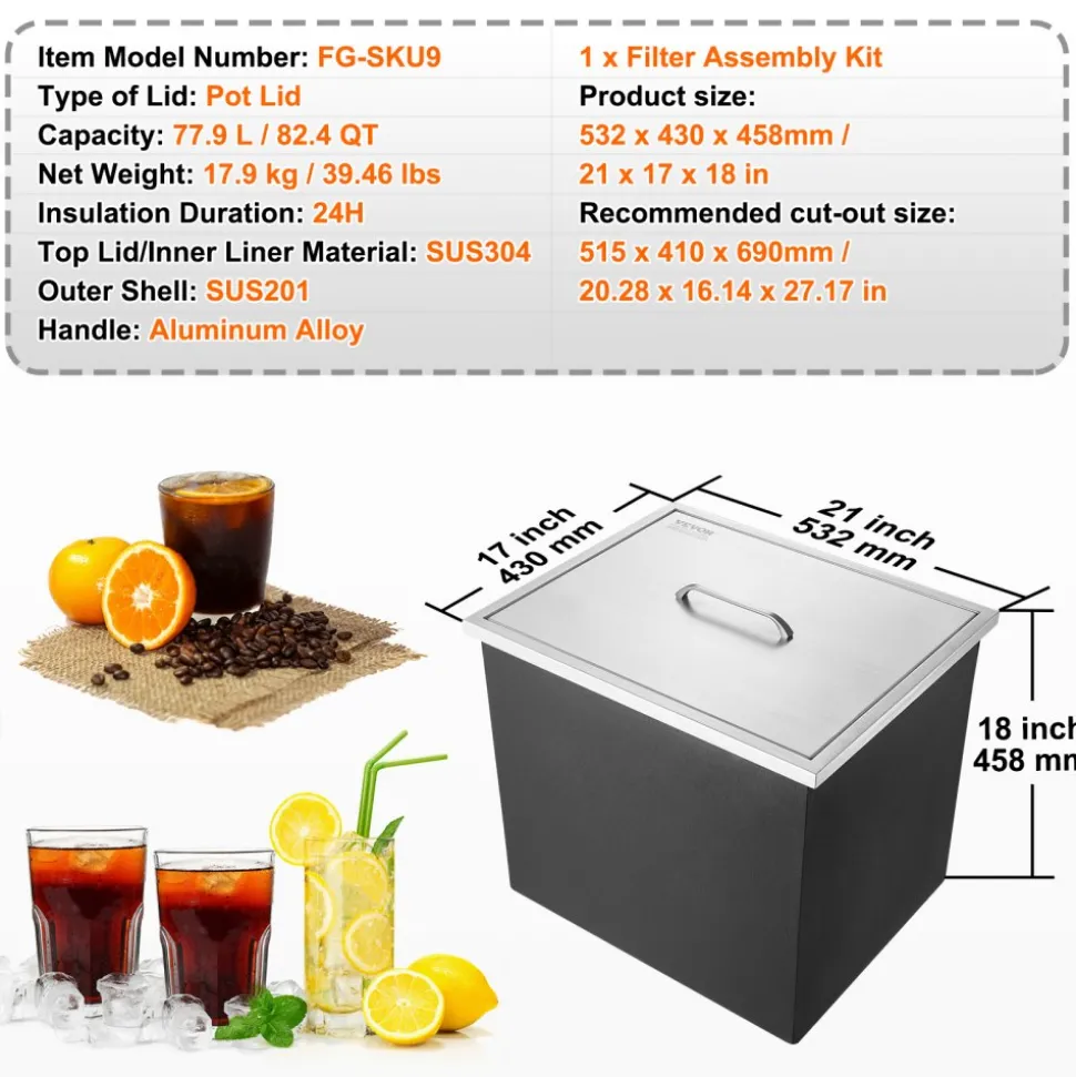 VEVOR Drop in Ice Chest, 21"L x 17"W x 18"H Stainless Steel Ice Cooler, Commercial Ice Bin with Cover, 40 qt Outdoor Kitchen Ice Bar, Drain-pipe and Drain Plug Included, for Cold Wine Beer