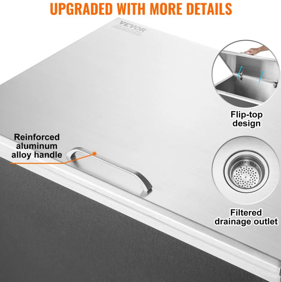 VEVOR Drop in Ice Chest, 28"L x 20"W x 17"H Stainless Steel Ice Cooler, Commercial Ice Bin with Hinged Cover, 40 qt Outdoor Kitchen Ice Bar, Drain-pipe and Drain Plug Included, for Cold Wine Beer