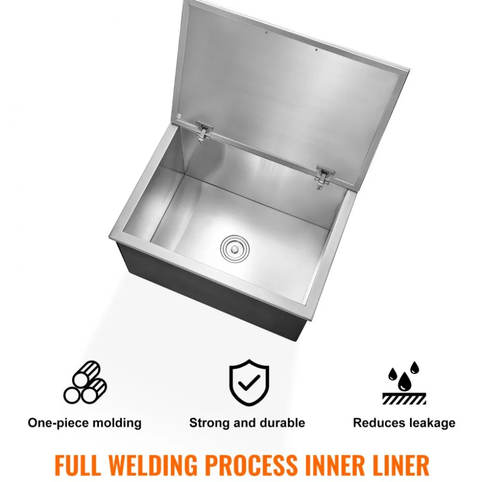 VEVOR Drop in Ice Chest, 28"L x 20"W x 17"H Stainless Steel Ice Cooler, Commercial Ice Bin with Hinged Cover, 40 qt Outdoor Kitchen Ice Bar, Drain-pipe and Drain Plug Included, for Cold Wine Beer