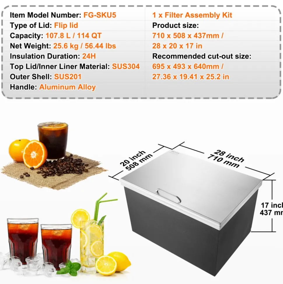 VEVOR Drop in Ice Chest, 28"L x 20"W x 17"H Stainless Steel Ice Cooler, Commercial Ice Bin with Hinged Cover, 40 qt Outdoor Kitchen Ice Bar, Drain-pipe and Drain Plug Included, for Cold Wine Beer