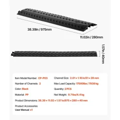 VEVOR Drop Over Cable Cover, 17,500 lbs/Axle Load Capacity, 2 Channel Heavy Duty Floor Cord Cover, Cable Hose Protector Ramp, for Indoor, High Walking Traffic Areas, Home, Office, Warehouse, 2 Pack